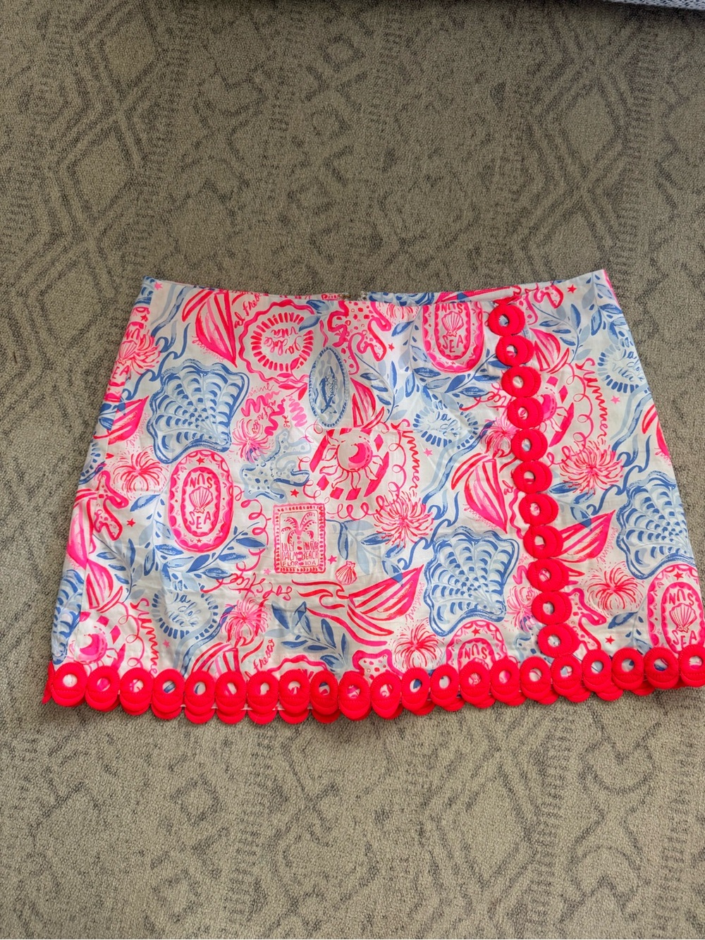 Lilly Pulitzer Pink and Blue Printed Mini Skirt with Coral Trim